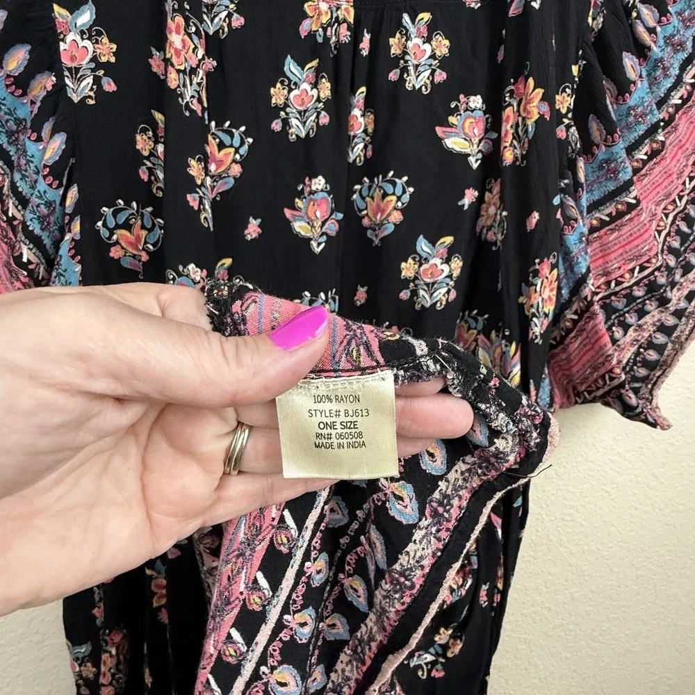 Francesca's Dark Floral Kimono Open Cardigan Wrap Cover Up Duster OS Festival